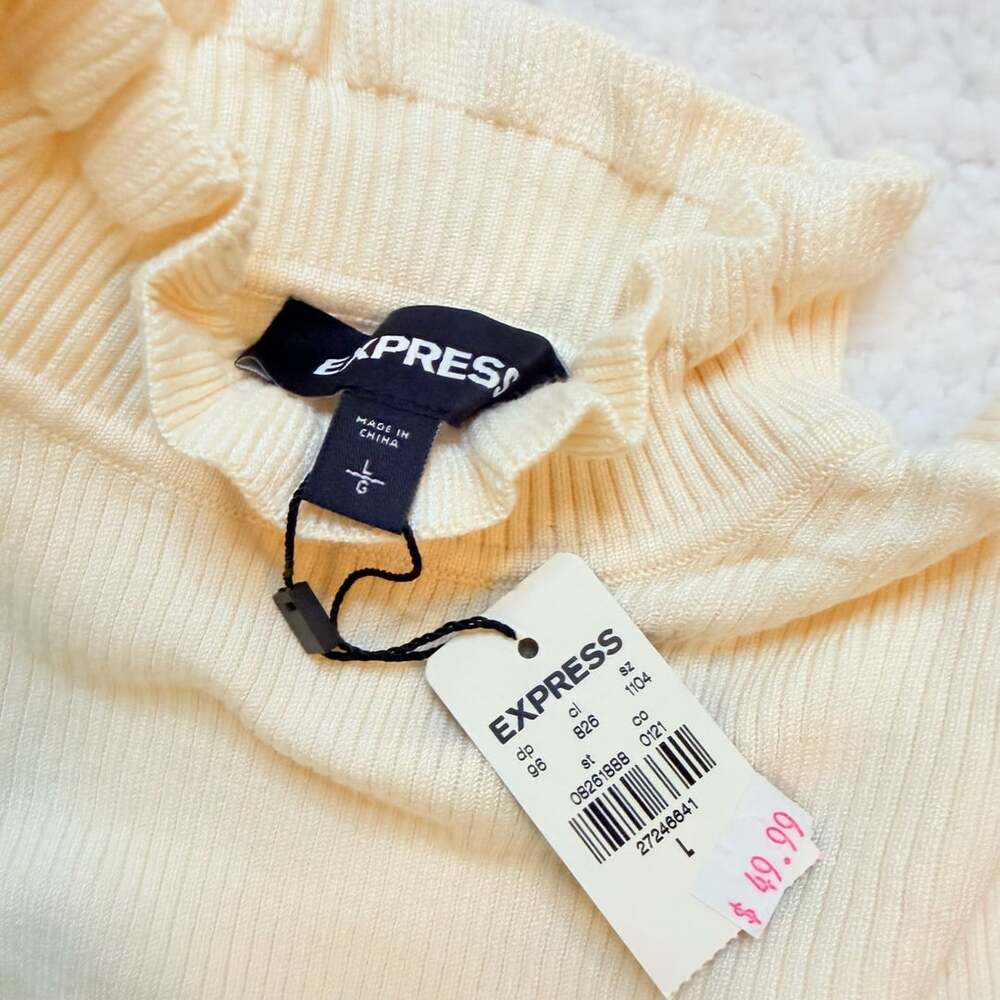 Express Ribbed Mock Neck Sweater Size L Cream Ruffle Trim - Picture 2 of 2